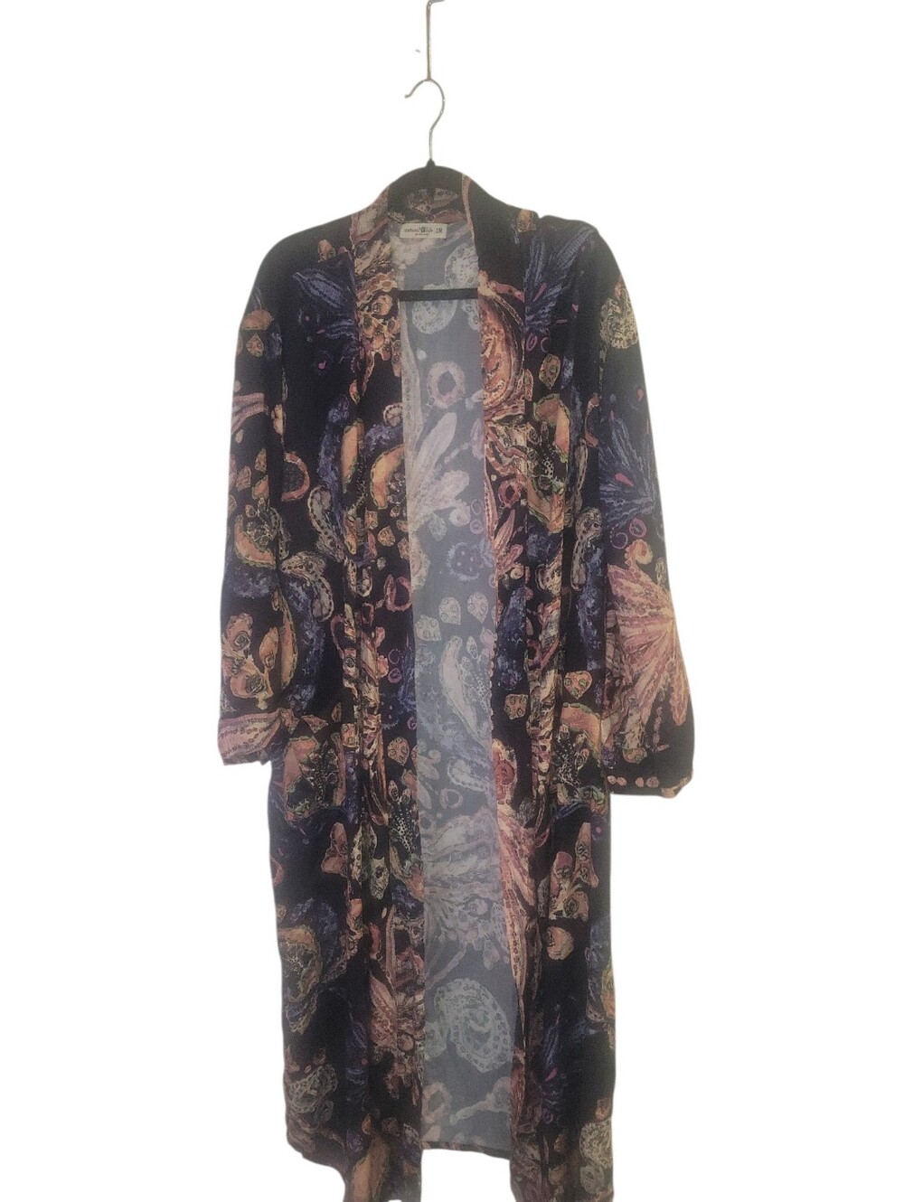 Natural Life Women’s Camila Kimono Black Floral Paisley Bohemian Long Robe S/M
